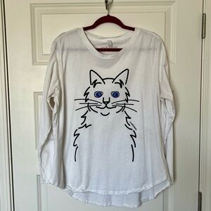 White Long-Sleeve Cat Graphic Tee - White with Blue Print